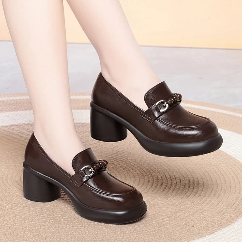 Mocassini da donna con tacco grosso, fibbia in metallo con perline, scarpe in pelle comode e antiscivolo, scarpe eleganti da lavoro per signora, scarpe da mamma