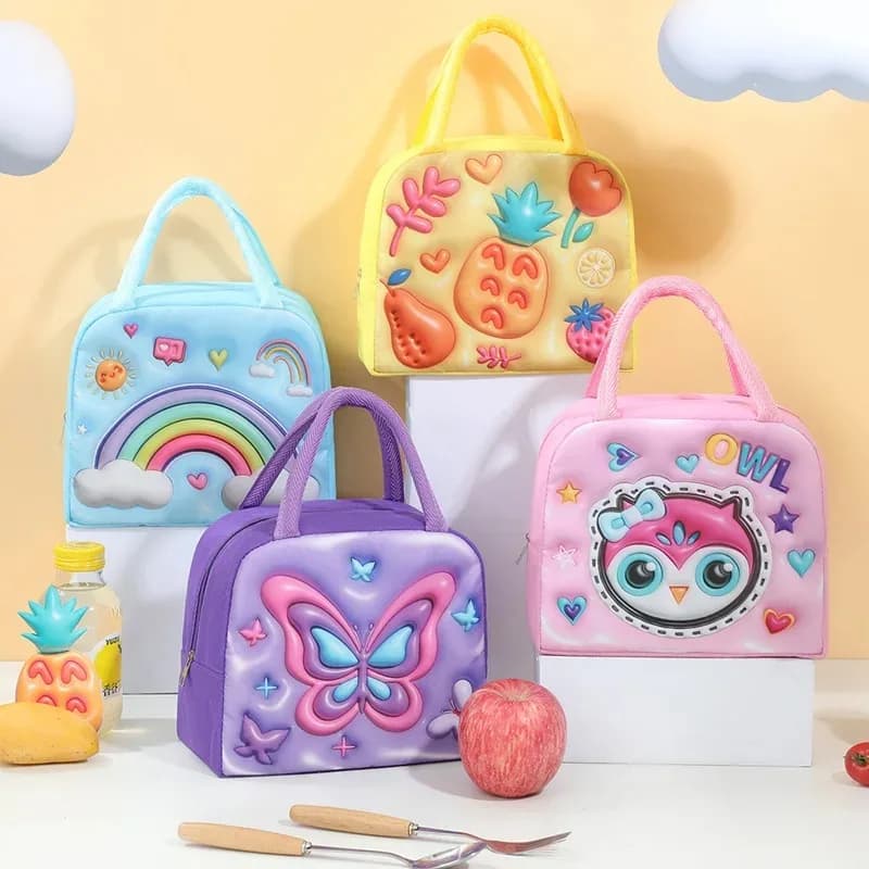 Borsa per il pranzo per bambini Borsa per la conservazione degli alimenti per cartoni animati 3D per bambini Borsa per il ghiaccio fresco in foglio di alluminio addensato per scatola di immagazzinaggio di frutta per il pranzo