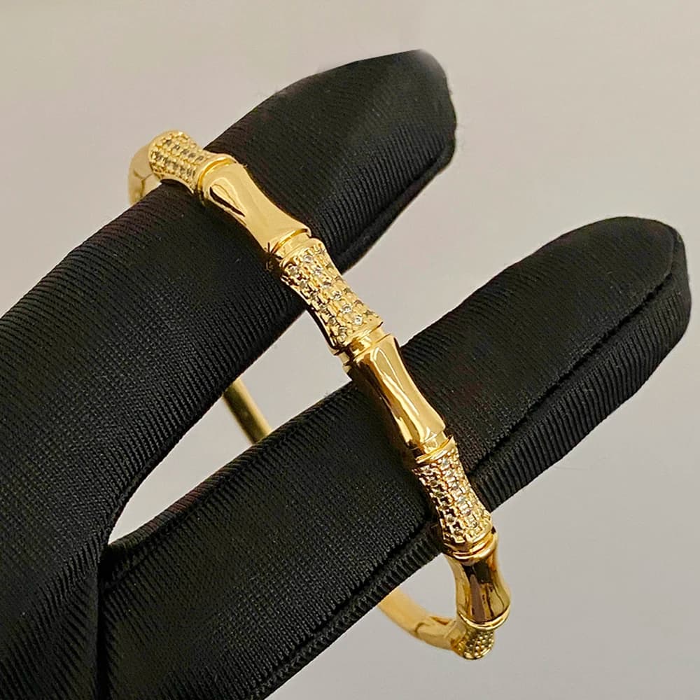 Gorgeous Bamboo Copper Metal Bracelet Bangle Inlaid Rhinestone New Style Open Cuff Bangle for Women Men Daily Jewelry