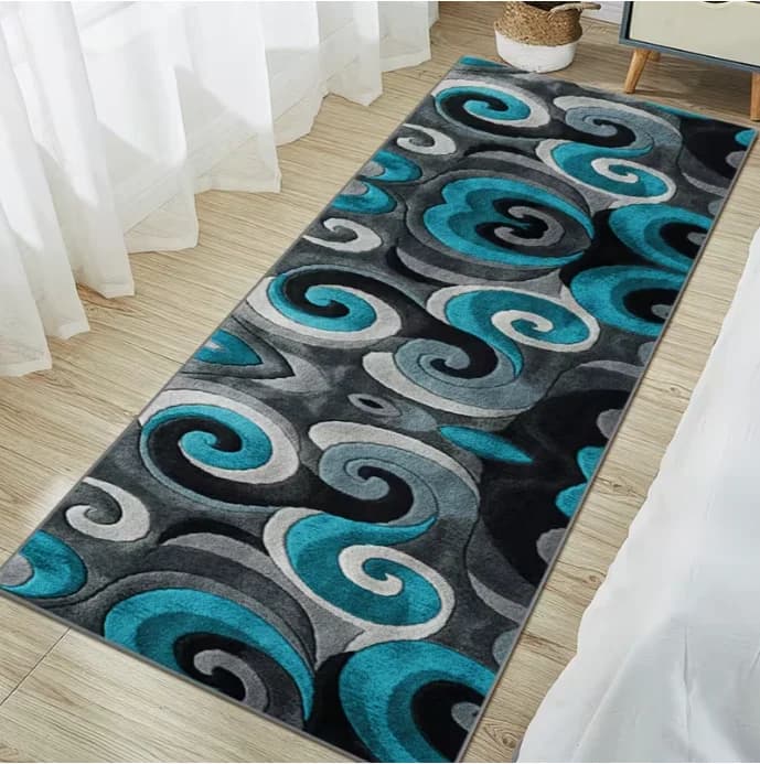 Tappeto Runner Turchese Nero con Motivo a Spirale, Antiscivolo, Lavabile, per Corridoio Lungo, Moderno, Astratto, per Cucina e Camera da Letto