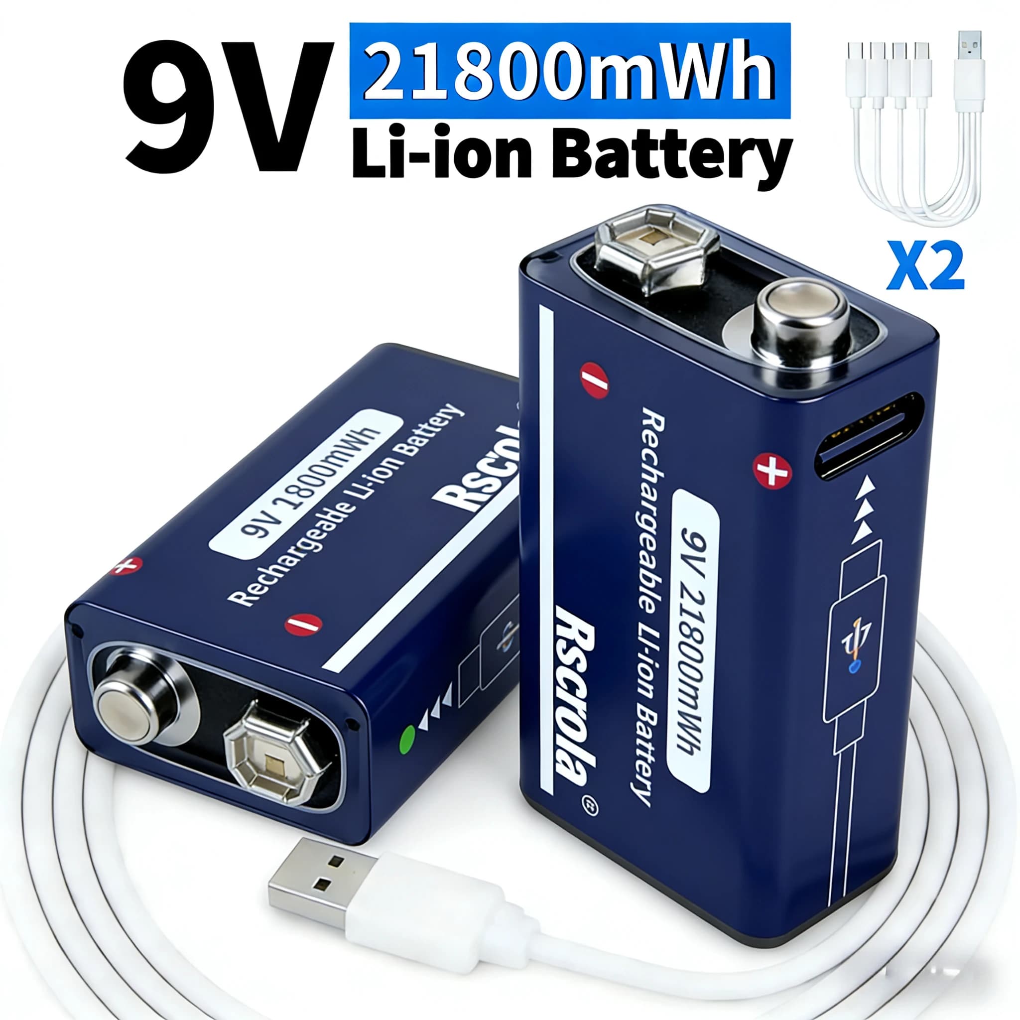 Batteria al Litio Ricaricabile 9V 21800mWh a Lunga Durata per Chitarra, Microfono, Rilevatore di Fumo con Cavo