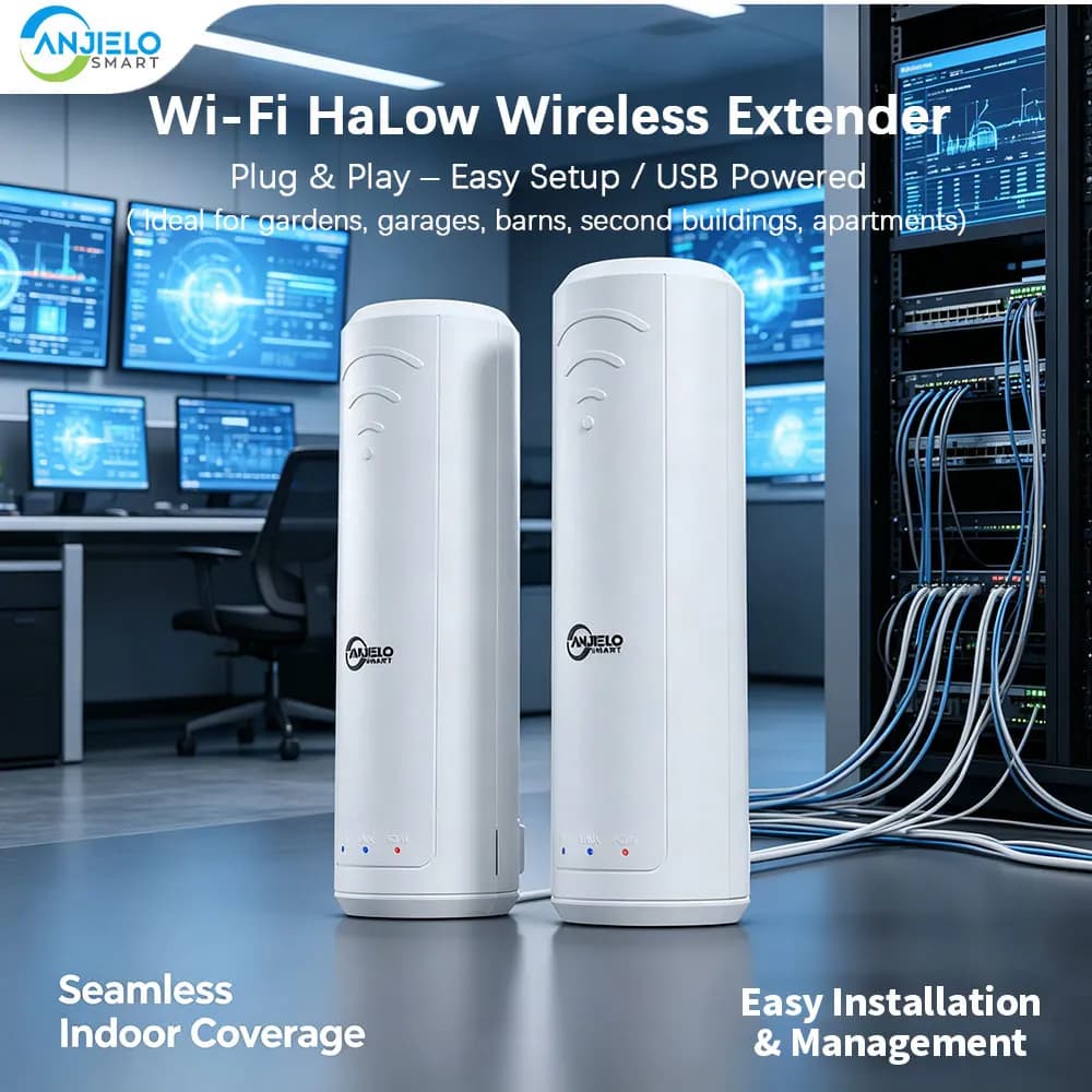 ANJIELO WiFi HaLow Extender a Lungo Raggio, Bridge Wireless Esterno Punto-Punto con Antenna da 20dBi, Trasmissione Attraverso Muro fino a 300m, Plug & Play