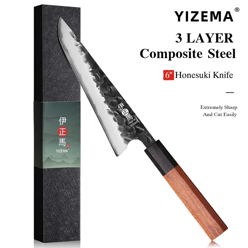 YIZEMA 6" Coltello multiuso Honesuki Coltello da cucina professionale giapponese a 3 strati in acciaio composito da cucina per frutta Sashimi forgiato