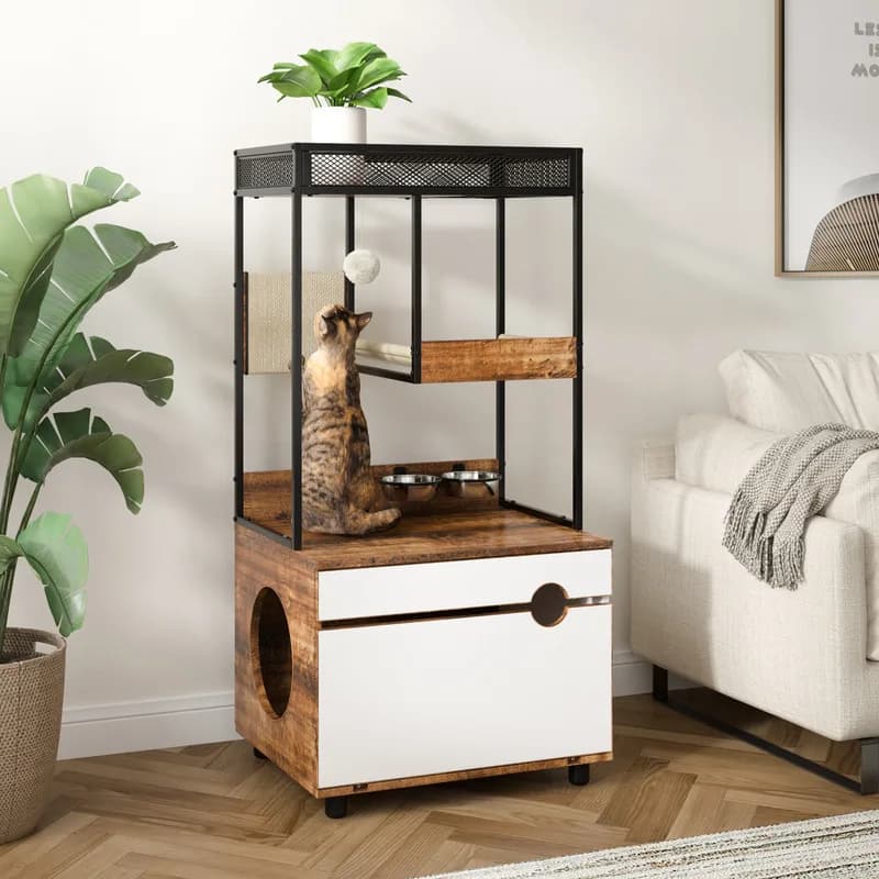 Contenitori per lettiera con torre per albero Mobili per gatti Armadietto per gatti Protezione per la privacy Ventilazione Design multifunzionale Facile da usare