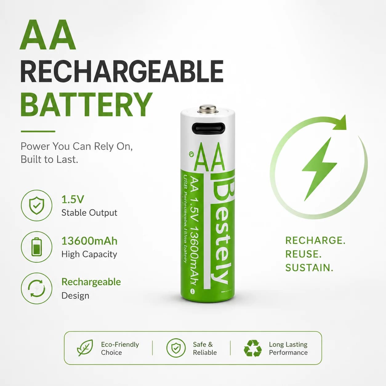 Bestely 1.5V 13600mAh USB AA Lithium ion Rechargeable Battery, Fast Charging Li-ion Akku , 2000 Cycle with Type- C Port Cables