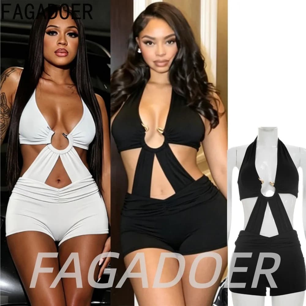 FAGADOER Tuta Sexy Arricciata con Cut-out, Scollo a V, con Lacci, Aderente, per Feste Notturne e Club, Nuova Collezione Estiva