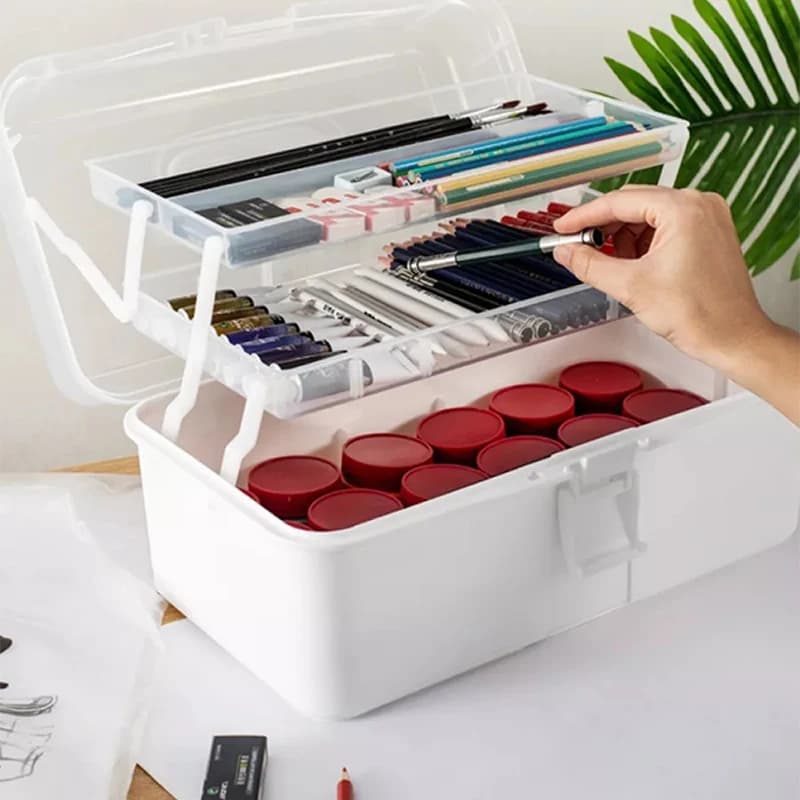 Three-tier art tool case – Organize brushes, colors, palettes and other artistic materials with classified storage spaces.