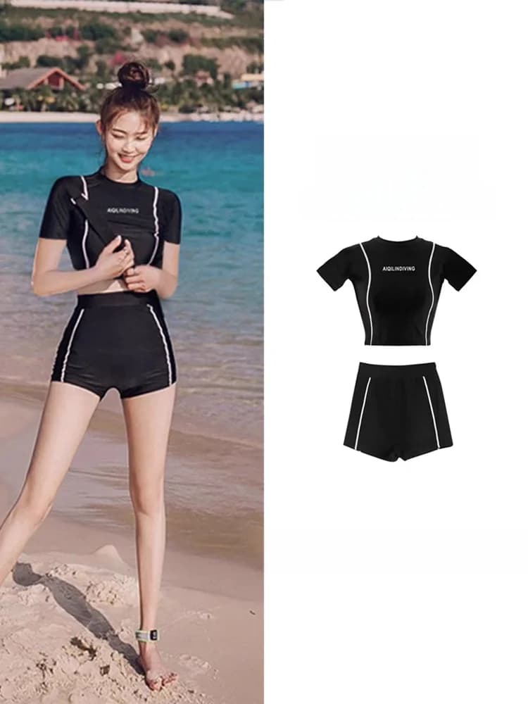 Costume da bagno due pezzi da donna sportivo e coprente, bikini estivo alla moda con pantaloncini a vita alta che nascondono la pancia e snelliscono la figura