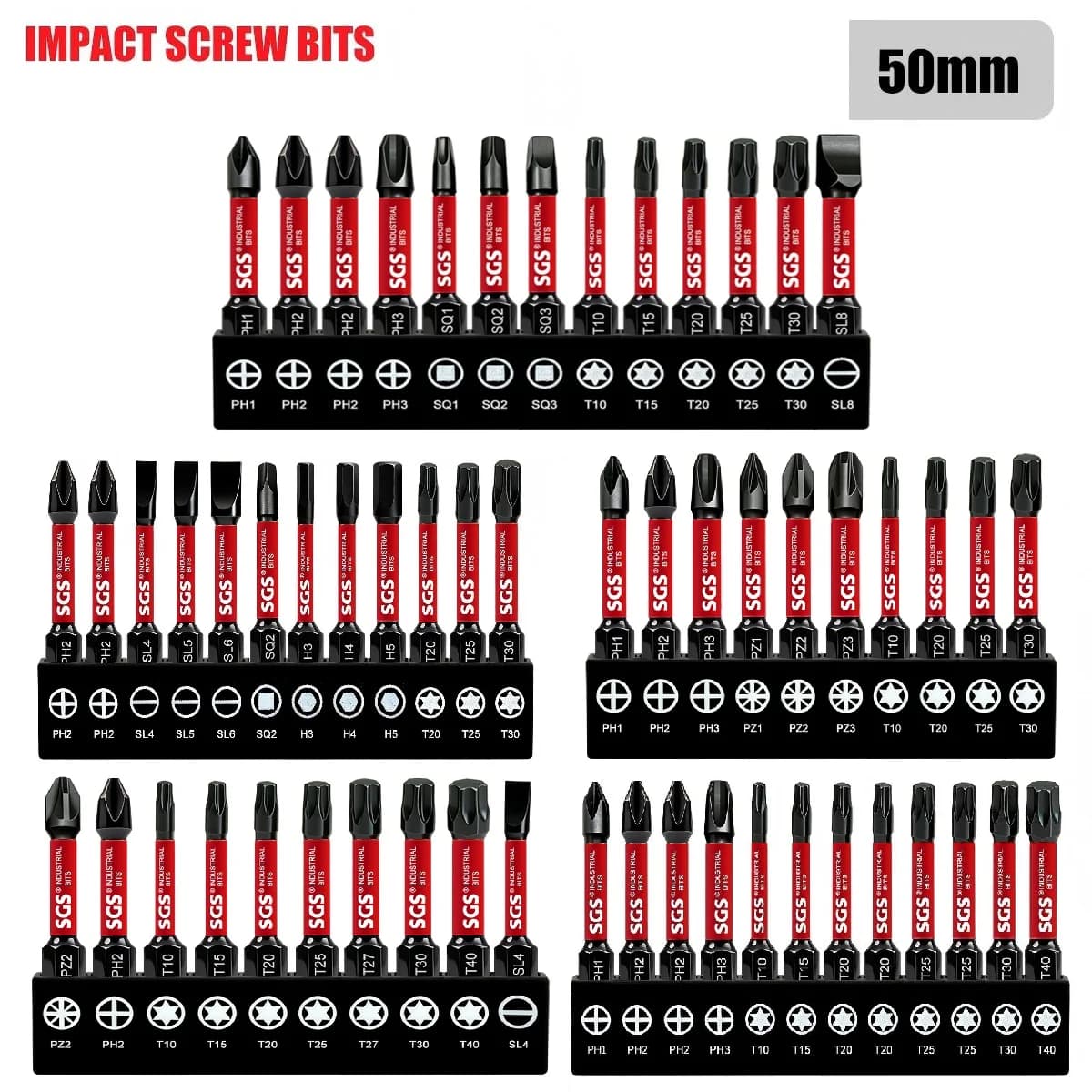 Set of 13 spikes for Phillips impact screwdriver/coated, 2 inch, magnetic, S2 steel, with colour encoded base, drill bit accessories