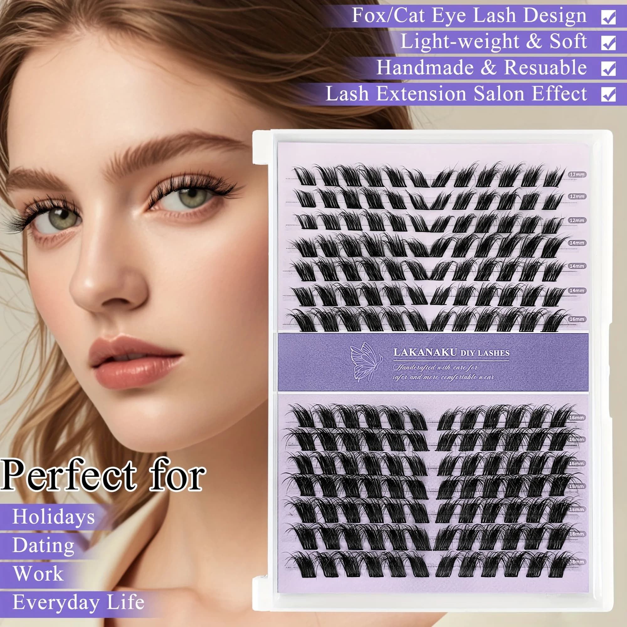 LAKANAKU 3D Fluffy Cluster Fox Eye Estensioni ciglia individuali per grappole Cat Eye fai da te Effetto sollevato per il trucco quotidiano