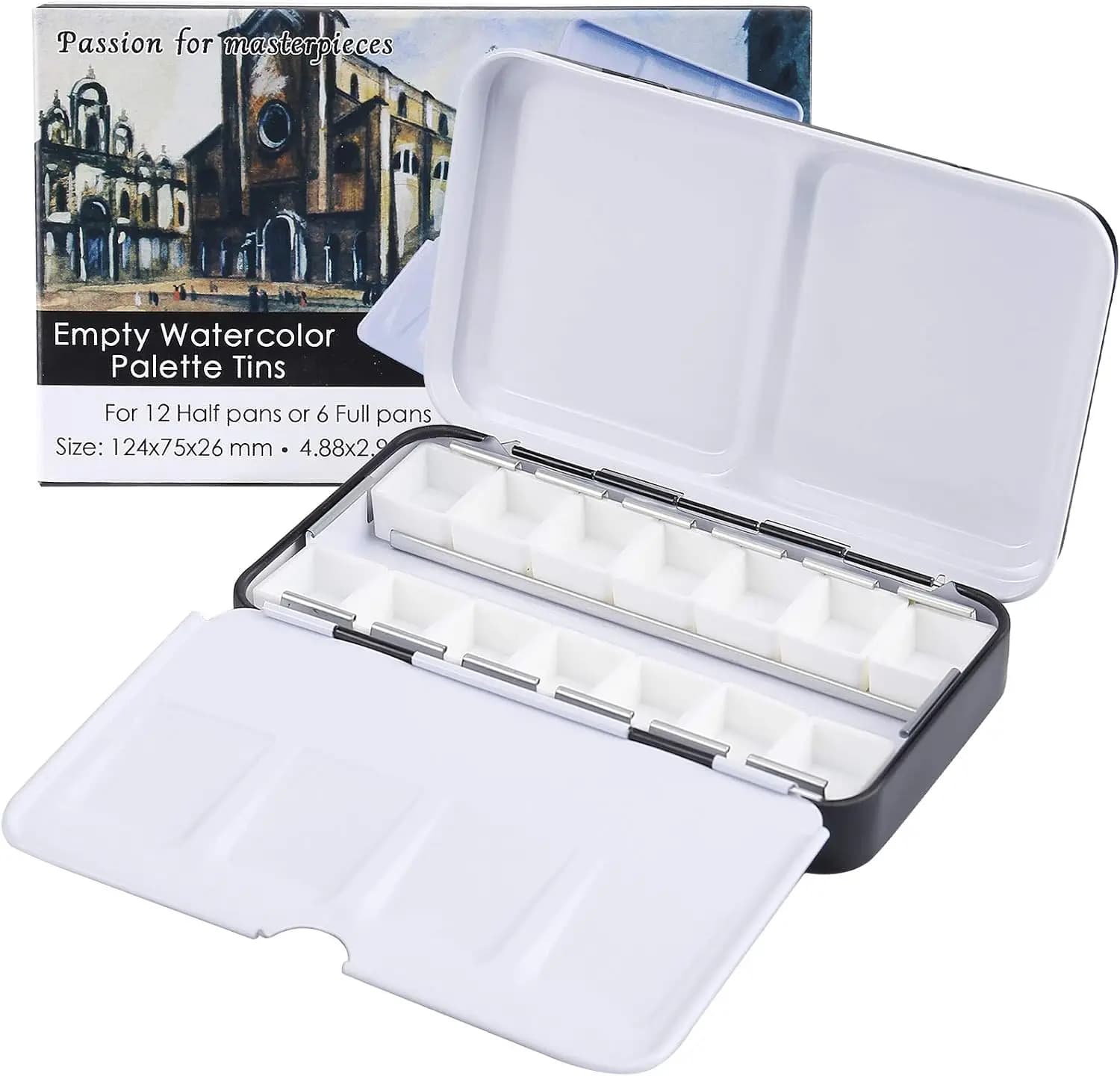 Empty Metal Watercolor Tin Palette with 12 Half Pans, Portable Paint Box for DIY Travel, Acrylic and Oil Painting