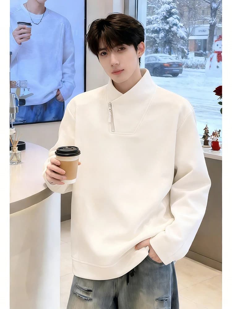 Felpa con cappuccio da uomo a collo alto, maniche lunghe, foderata in pile, con cerniera, stile americano, casual, calda, da indossare sotto, colore bianco