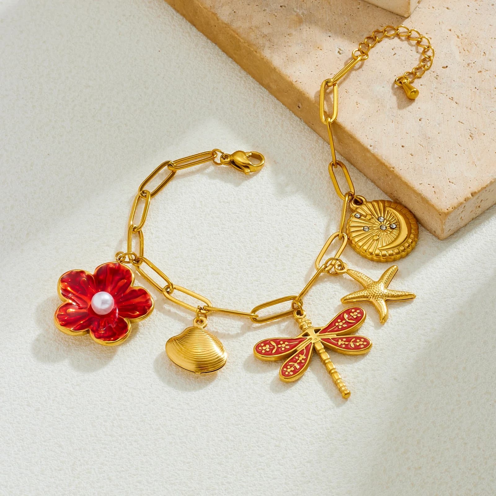 LAMENGLY Bracciale con Charm a Forma di Libellula e Fiore in Acciaio Inossidabile 316L Dorato | Gioielli Trendy e Carini per Feste e Regali Delicati per Donne
