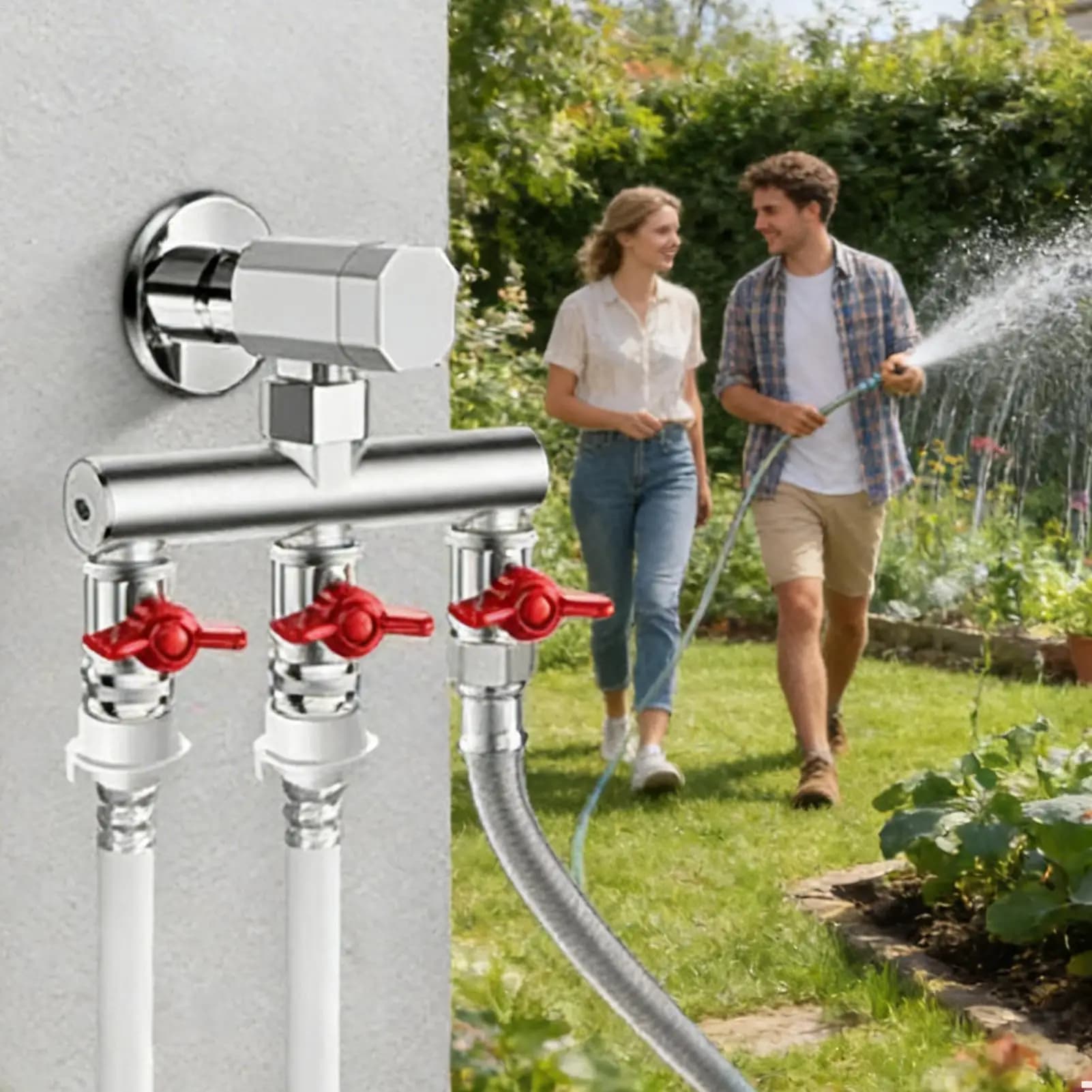 Raccordo Sdoppiatore per Tubo a 3 Vie in Metallo Resistente, Adattatore per Tubo Acqua Esterno a 3 Vie per Irrigazione Giardino