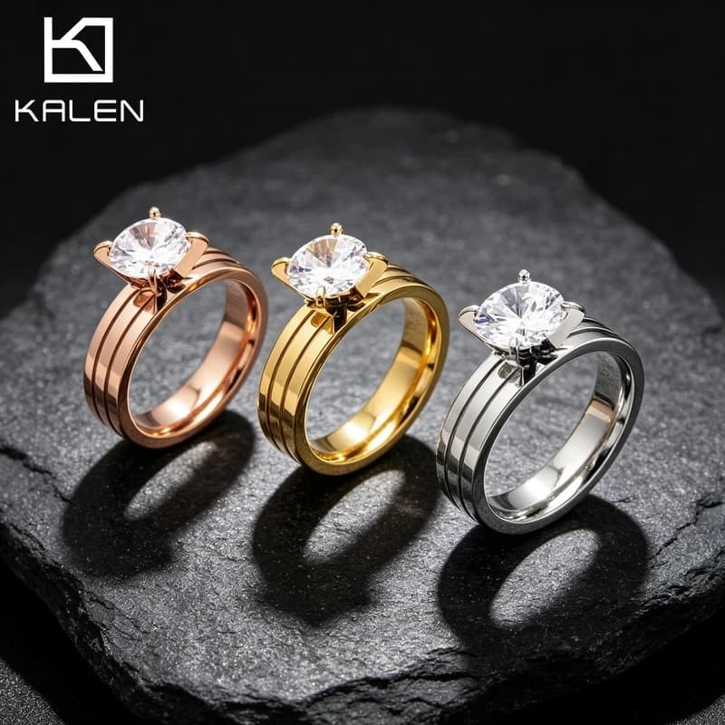 Kalen Trendy and Unique Women's Stainless Steel Rhinestone Ring Romantic Bohemian Engagement Ring Fashion Jewelry Party Gifts