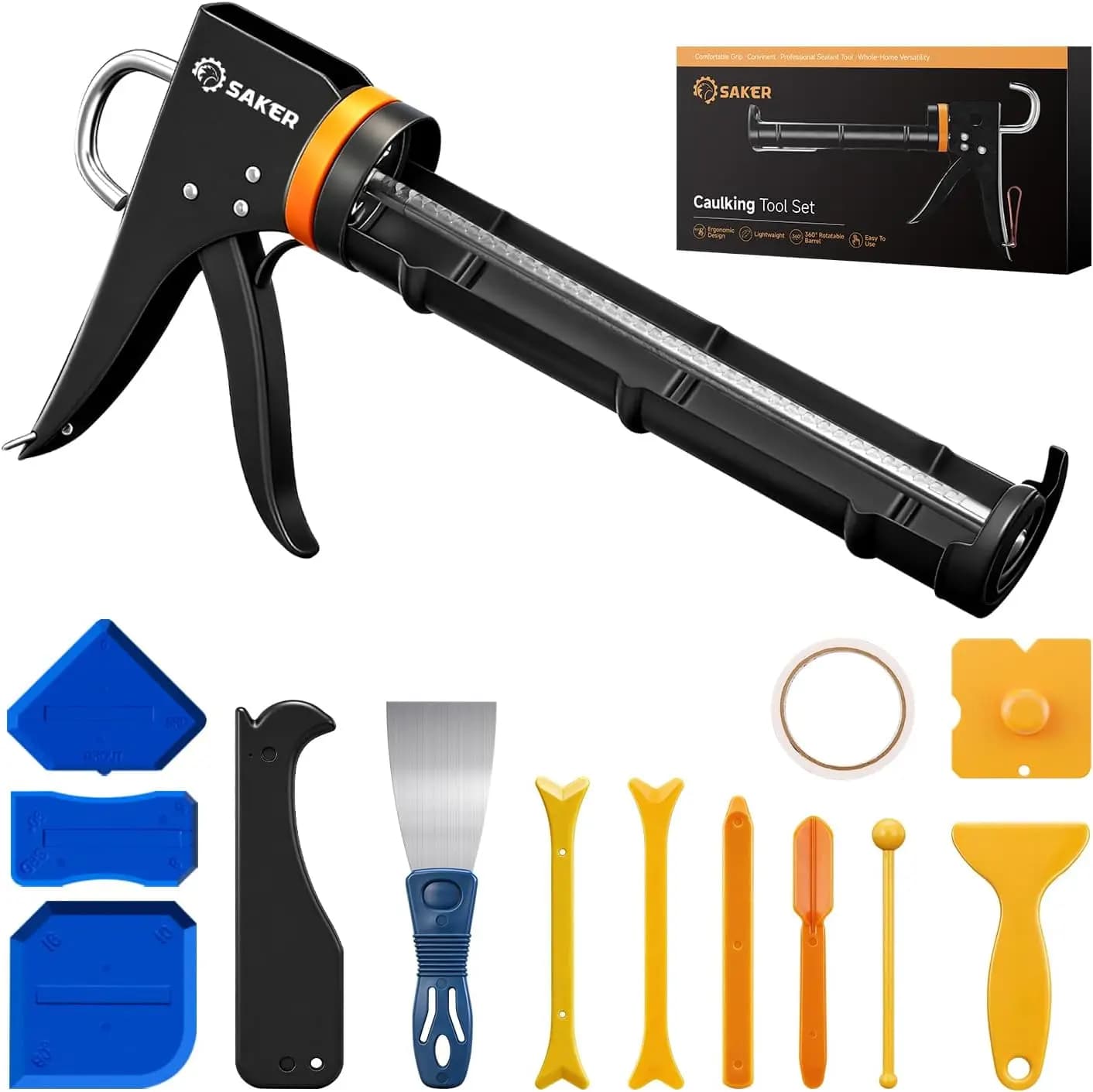 Kit Pistola per Sigillante Manuale con Set di Utensili 11-in-1 per Sigillante Siliconico, Raschietti per Stucco e Nastro Adesivo - Riparazioni Domestiche