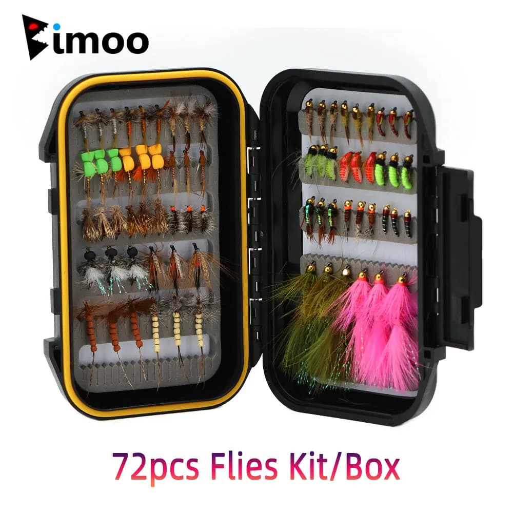 Bimoo 72 pz Mosche Kit/Scatola Adams Mosca Secca Vola Mosche Secas Caddisfly Testa di Perline Ninfi Bagnati Lanoso Bugger Streamer Trota Pesce Richiamo