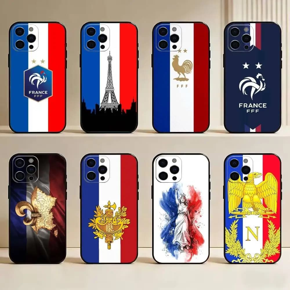 Cover per iPhone con Bandiera Nazionale Tricolore e Francia, in Silicone Morbido Nero per iPhone 17, 16, 15, 14, 13, 12, 11 Plus, Pro Max, XS