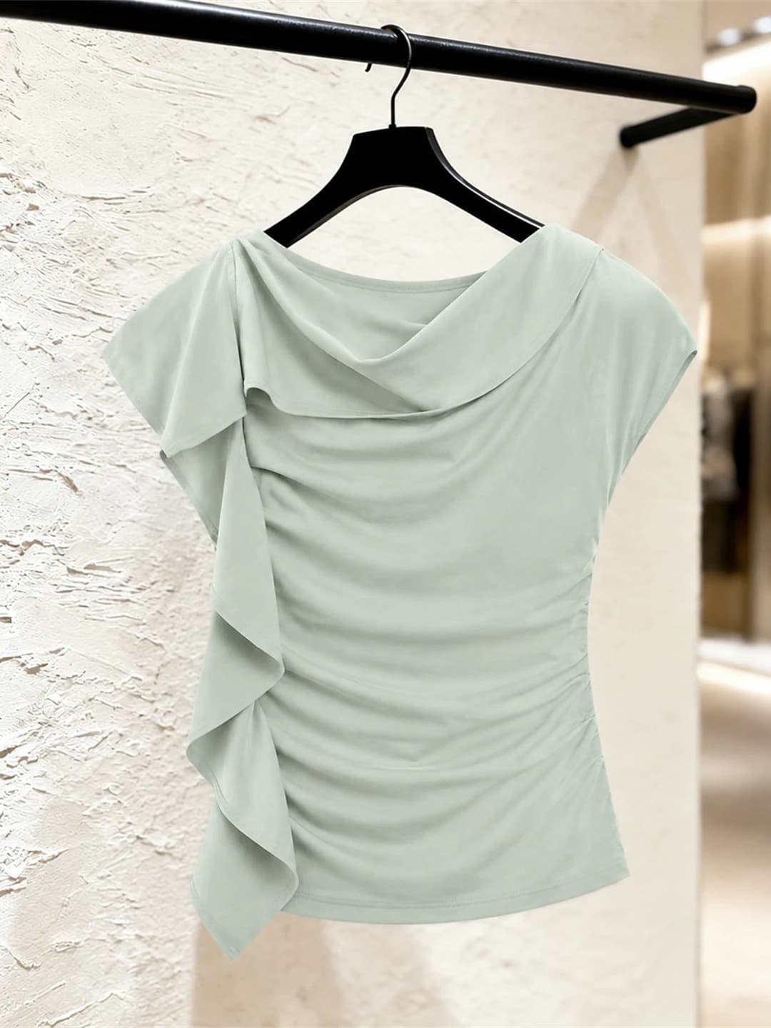 Top Casual con Orlo Piegato Irregolare, Stile Estivo per il Pendolarismo, T-Shirt Senza Tempo a Maniche Corte, Versione Coreana Slim Fit in Seta da Donna