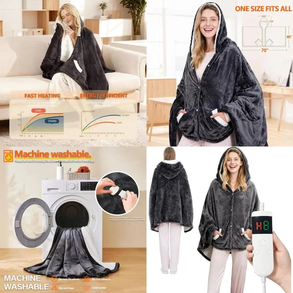 Coperta elettrica indossabile con 10 livelli di calore e timer da 8 ore, scialle poncho con cappuccio per adulti, 40x70
