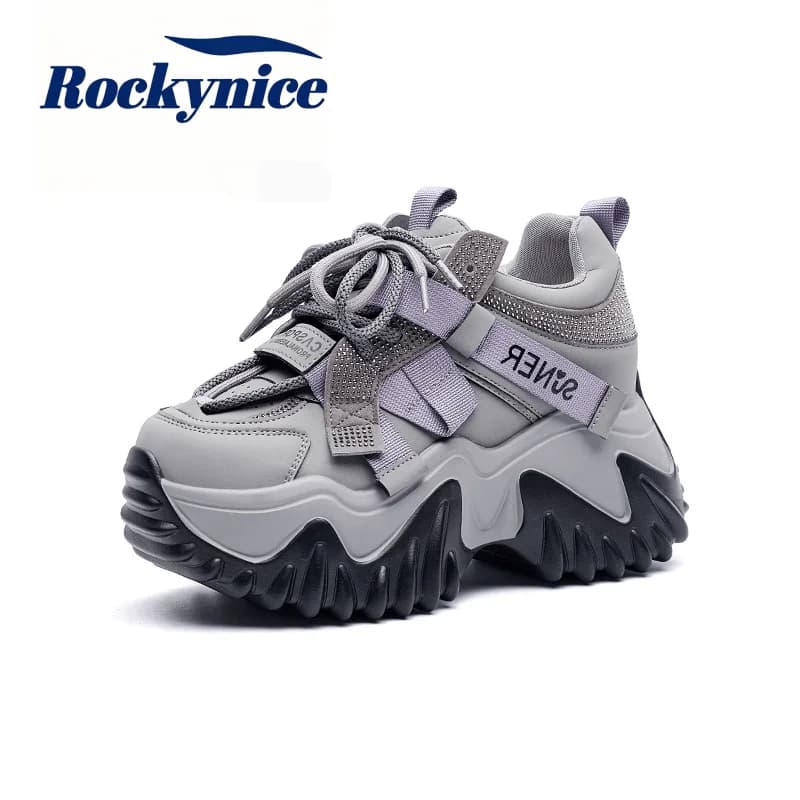8CM Women's Thick Bottom Bling Dad Shoes 2026 Autumn Winter Genuine Leather Chunky Sneakers Anti-Slip Sole Casual Sports Shoes