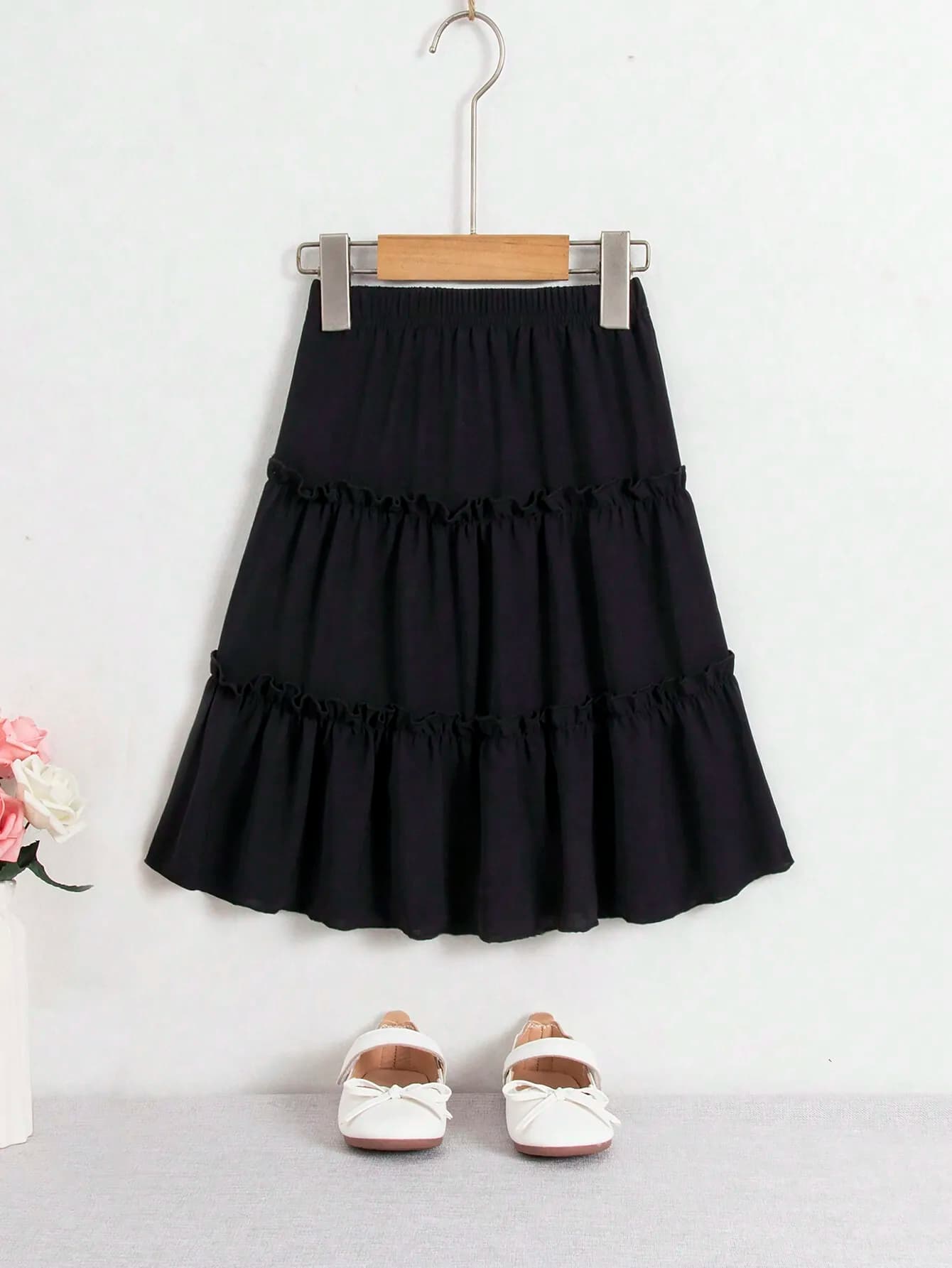 Gonna a balze a strati in chiffon nero per ragazze, abbigliamento casual primavera estate autunno
