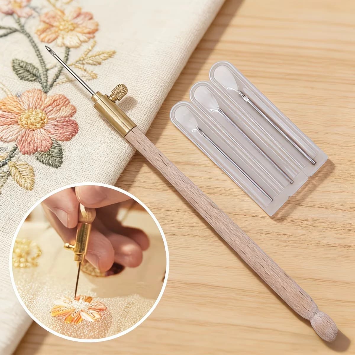 1 Set Punch Needle Embroidery Kit with 3 Replacement Needles, DIY Hand Stitching Tool for Embroidery Crafts