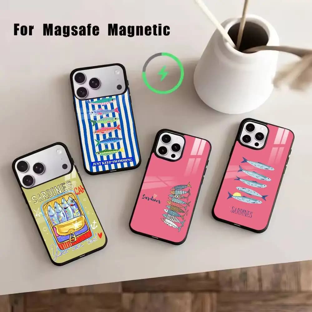 Custodia per telefono Sardine per iPhone 17, 16, 15, 14, 13, 12, 11 Plus, Pro, magnetica per ricarica wireless MagSafe