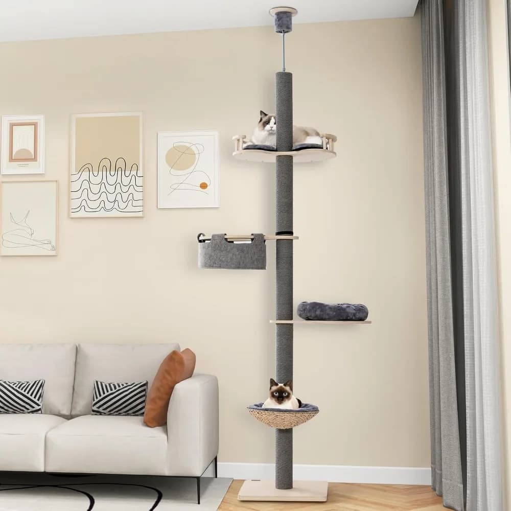 Albero per Gatti da Pavimento a Soffitto, Torre Alta per Gatti con Altezza Regolabile (236-272 cm) per Gatti Grandi, Arrampicata a 5 Livelli, Personalizzabile