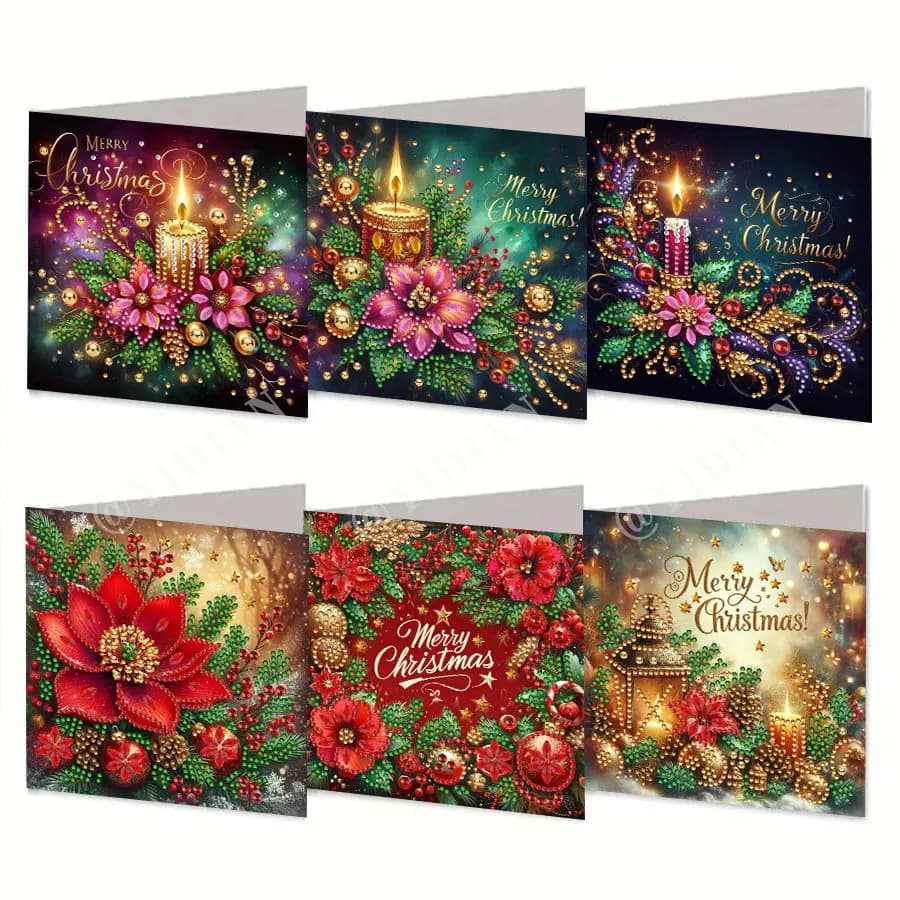 Set di pittura con diamanti natalizi da 6 pezzi, biglietti d'auguri con diamanti in cristallo a tema candela con bouquet natalizio, diamante di forma irregolare