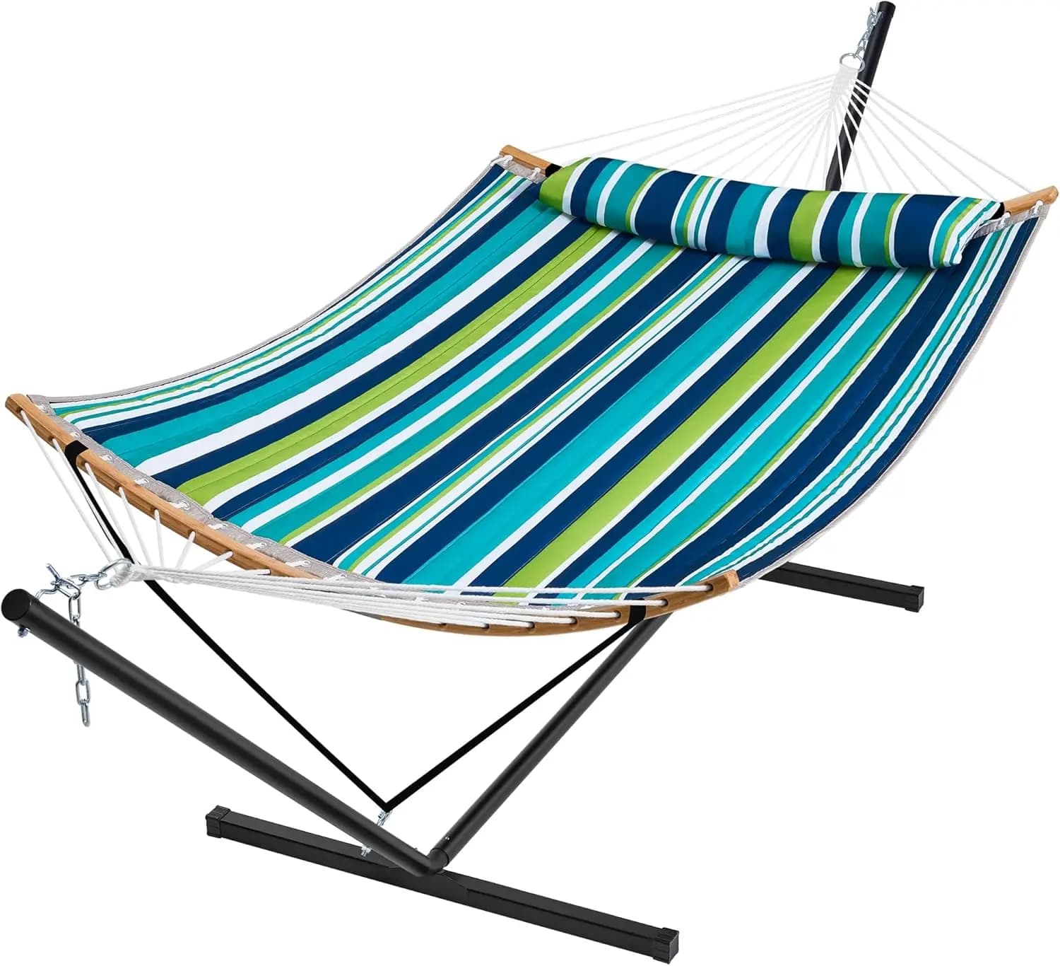 Heavy Duty 2-Person Cotton Padded Hammock Set with Stand, Detachable Pillow, Curved Support Bar & Portable Carrying Bag, Perfect for Indoor/Outdoor Use, Dark Cyan
