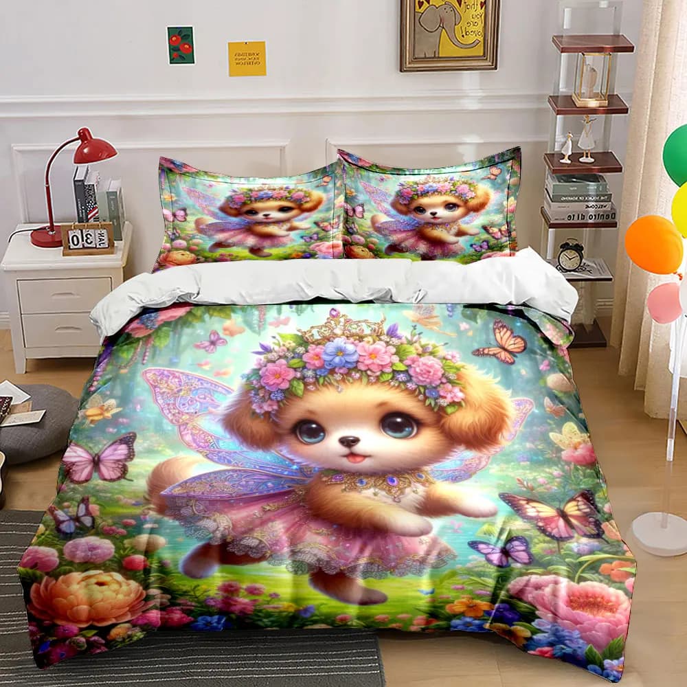 Set copripiumino stampato con cane fatato tra farfalle e fiori, 1 copripiumino + 2 federe, decorazione per camera da letto in diverse misure