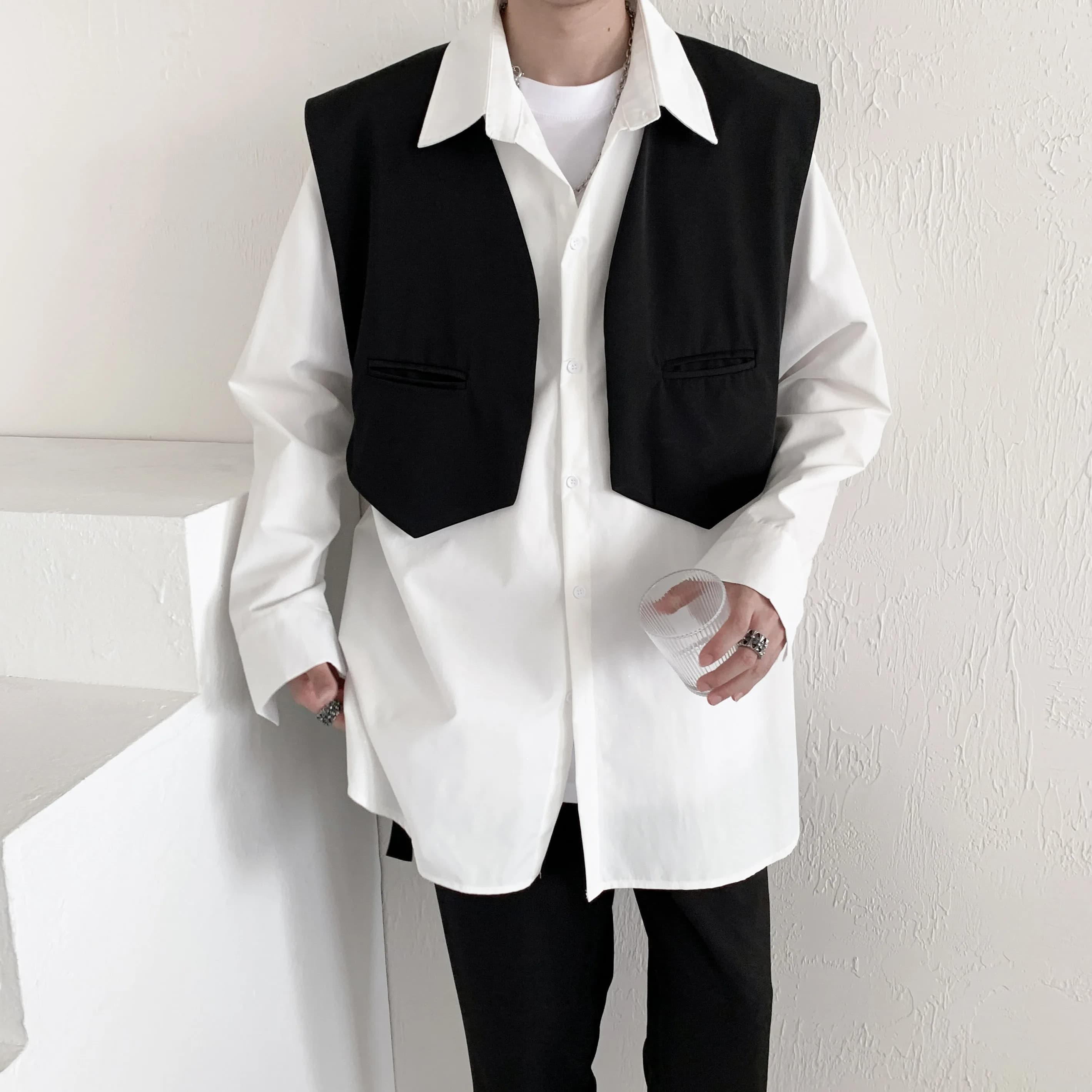 Trendy Men's Suit Jacket Vest Spring Autumn Casual Outerwear Shoulder Pad Shirt Loose Cool Backless Coat Youth Popular