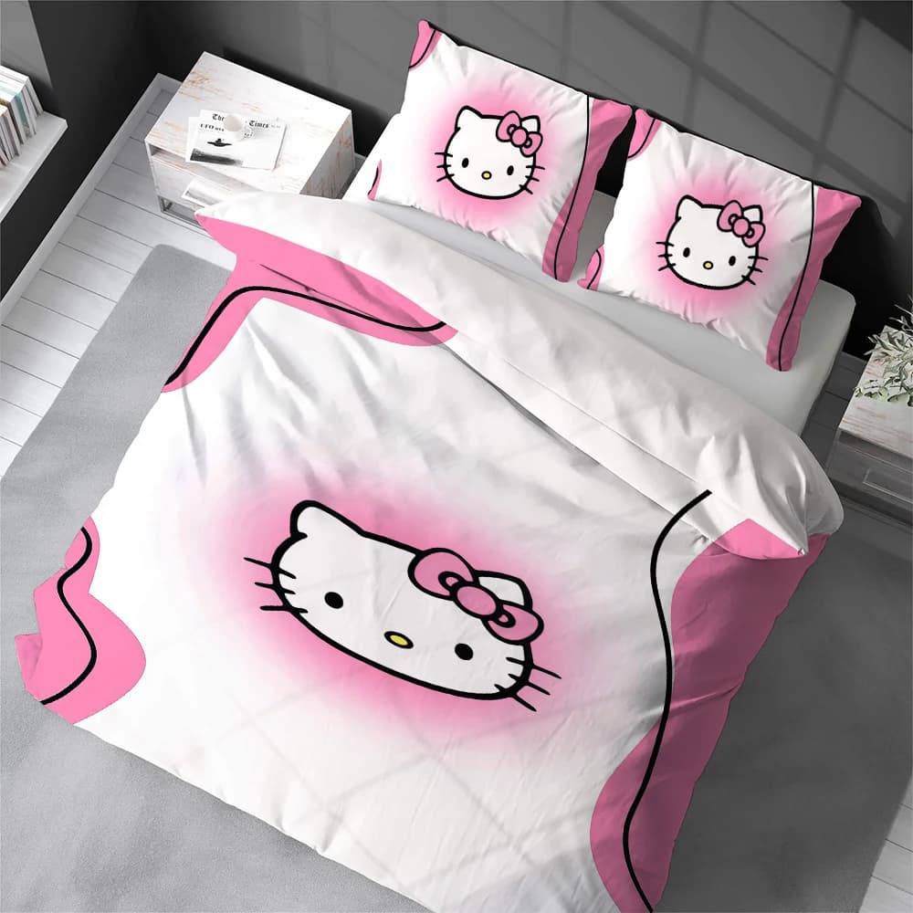 Set Copripiumino H-Hello K-Kitty, Stile Casa, Morbido Cotone, Set da Letto in 3 Pezzi, Regalo per Dormitorio Studentesco