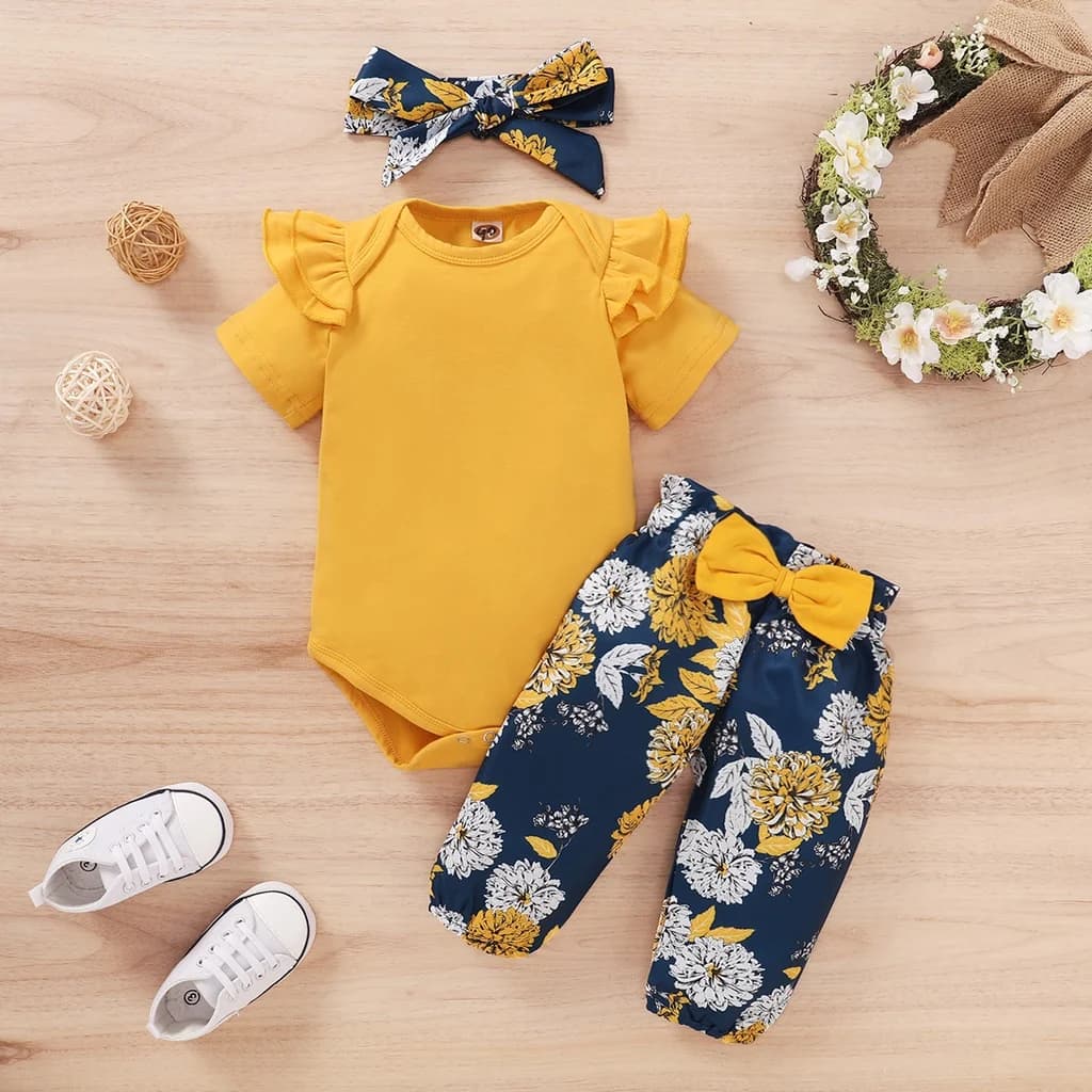 Set di vestiti per neonate per neonati Body a maniche corte per bambina + Pantaloni floreali con fiocco + Fascia per capelli 3 pezzi Abiti per 0-18 mesi