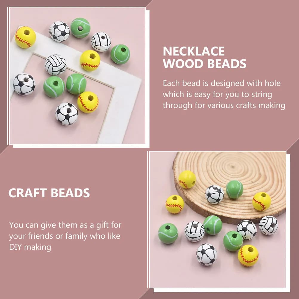 30 Perline in Legno a Forma di Palloni Sportivi Colorati, Perline Sciolte per Fai da Te, Materiali per Creazione Gioielli, Braccialetti a Tema Calcio, Pallavolo, Tennis