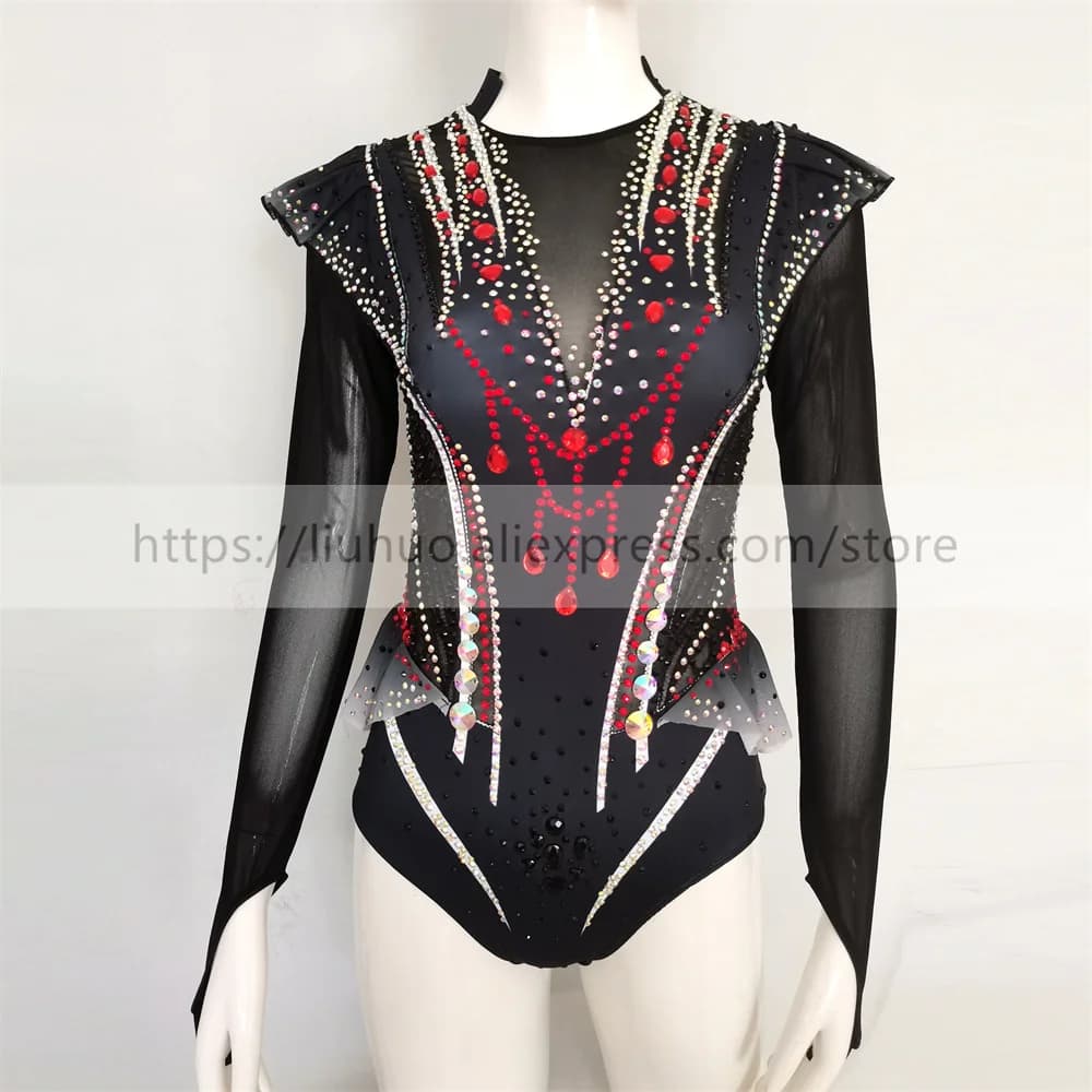 LIUHUO Donna Ragazza Costume Prestazioni Ginnastica Ritmica Concorso di Balletto Body Figura Pattinaggio Su Ghiaccio Vestito Adolescente Nero Bambini