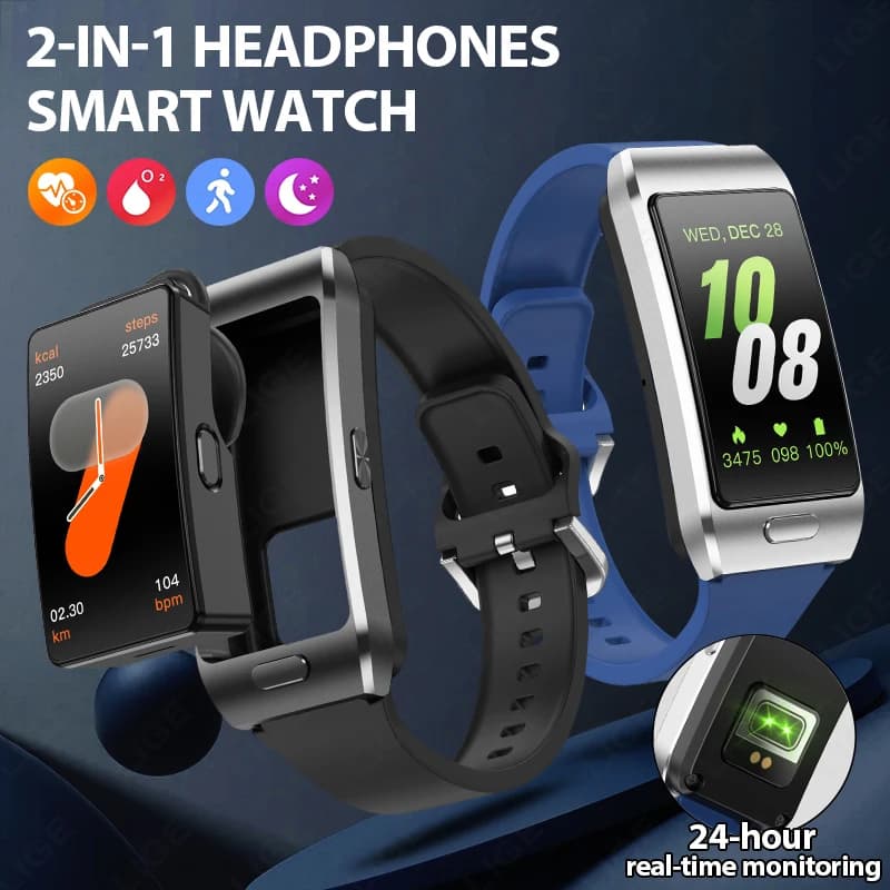 LIGE New Smart Watch Earbuds TWS 2 In 1 Bracelet Wireless Earphone Bluetooth Call Music Smartwatch Health Monitor Sports Tracker