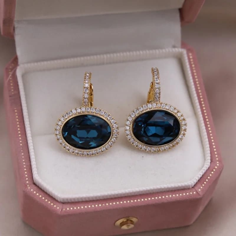 Korean New Design Fashion Jewelry 14K Gold plated Oval Zircon Blue Crystal Earrings Elegant Women's Evening Party Accessories