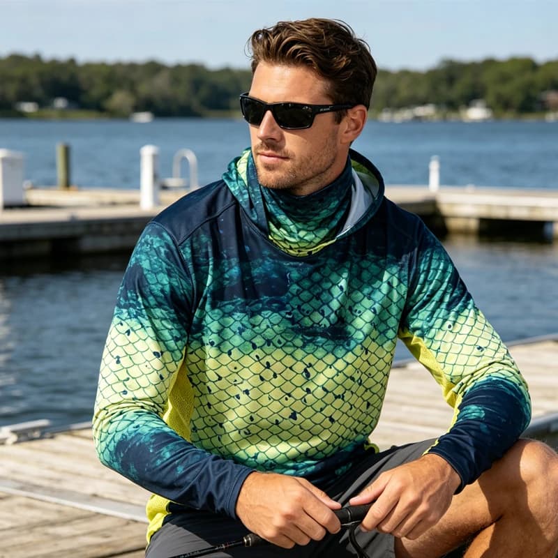 Felpa con Cappuccio Mimetica da Uomo UPF 50 Protezione Solare Leggera con Maschera Integrata, Asciugatura Rapida, Manica Lunga, per Pesca, Abbigliamento Estivo