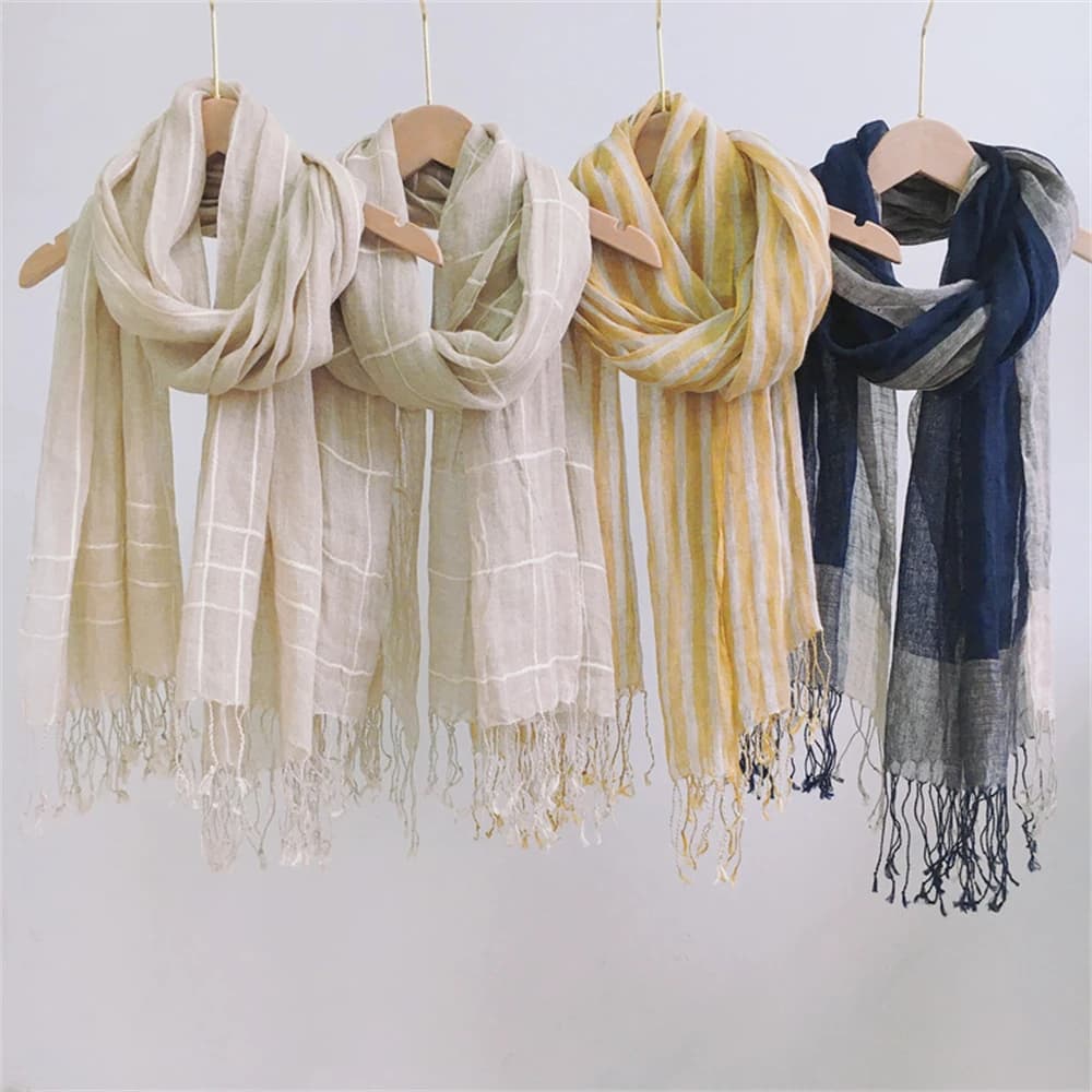 Sciarpa di lino giapponese Moda unisex Cotone Tie-dyed Sciarpe con nappe Avvolge Scialle lungo da donna in tinta unita Sciarpe da uomo Decor