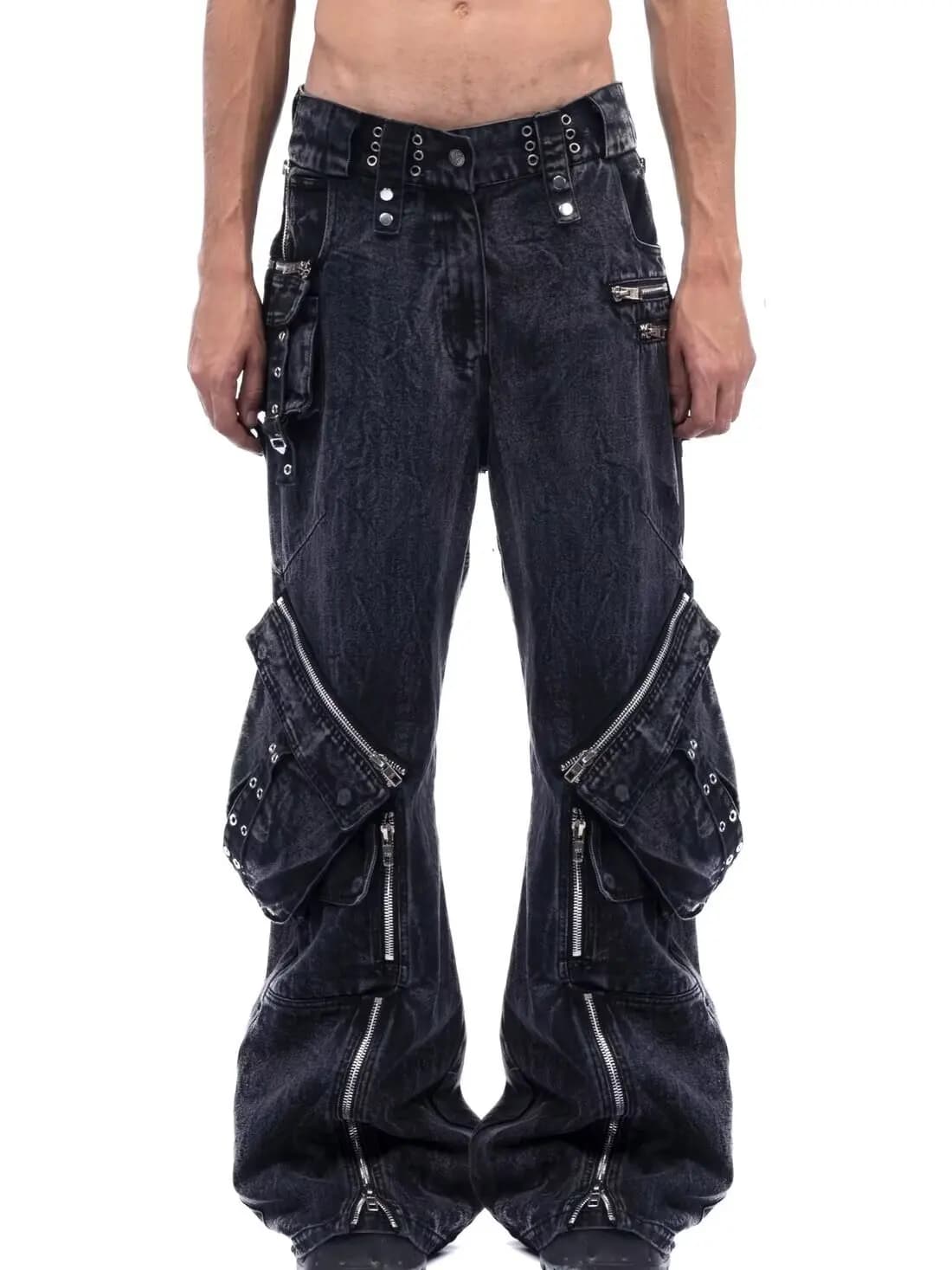 Y2K Nero Gotico Punk Multi-tasca Cerniera Jeans neri Uomini e donne Americano Baggy Moda Vintage Casual Jeans larghi a gamba larga
