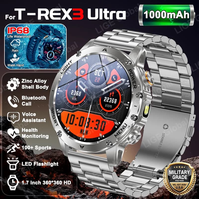 LIGE 2026 Outdoor New 1000mAh Battery For T-Rex 3 Ultra Military Grade Smart Watch Men IP68 Waterproof Bluetooth Call 100+ Sport