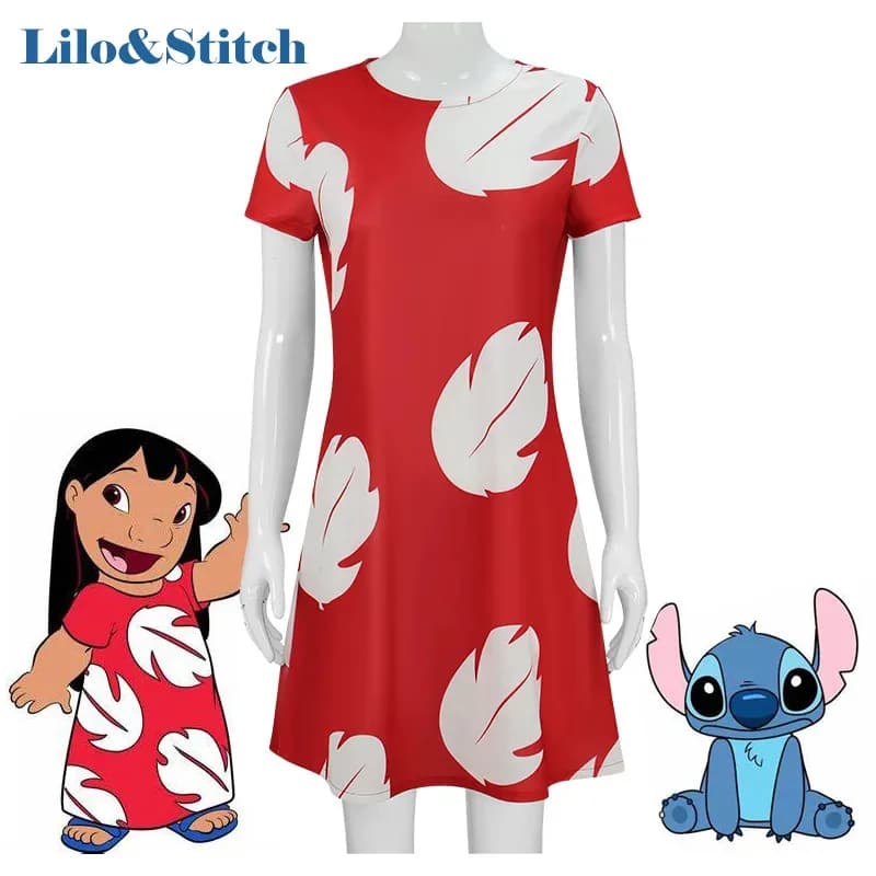Anime Lilo Girls Costume estivo lungo stampato con foglie rosse Abito cosplay di Halloween per Womana;2,c'4,h.