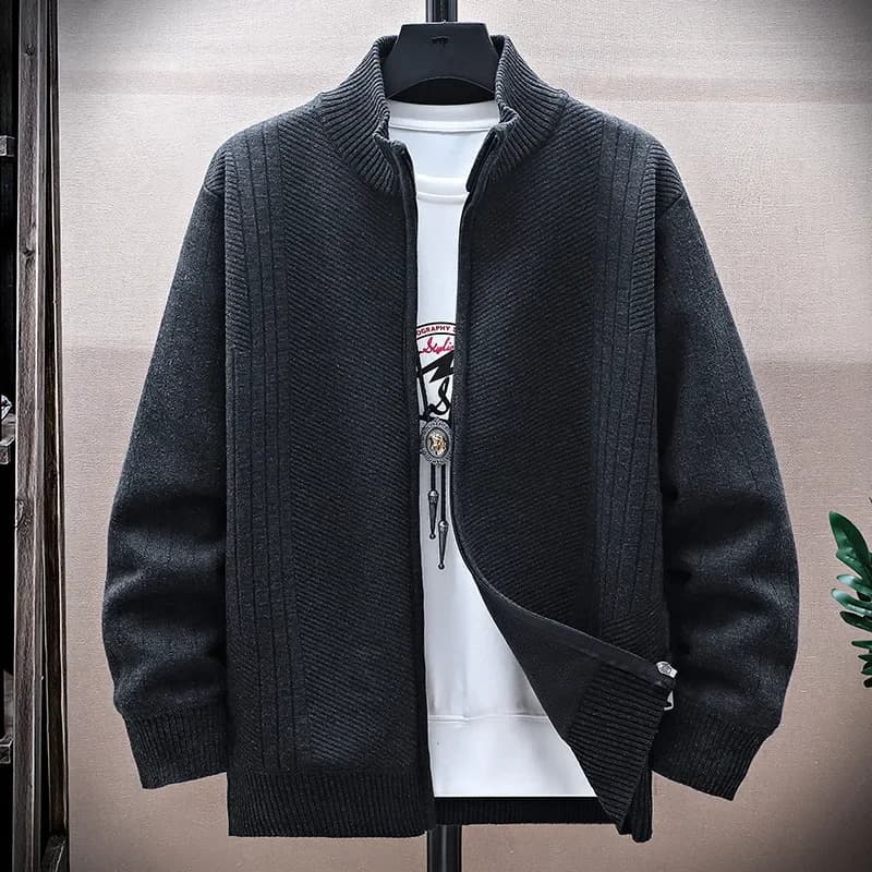 Autumn Winter Men's Fleece Knitting Cardigans Fashion Stand Collar Sweatercoat Men Thick Knitted Sweater Jacket Casual Outerwear