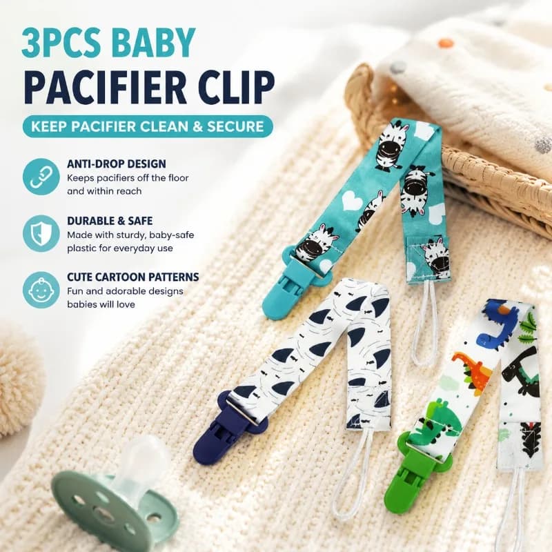 3PCS Baby Pacifier Clip with Cartoon Pattern, Durable Plastic Pacifier Holder for Car Seat and Crib, Anti-Drop, Cute Design for