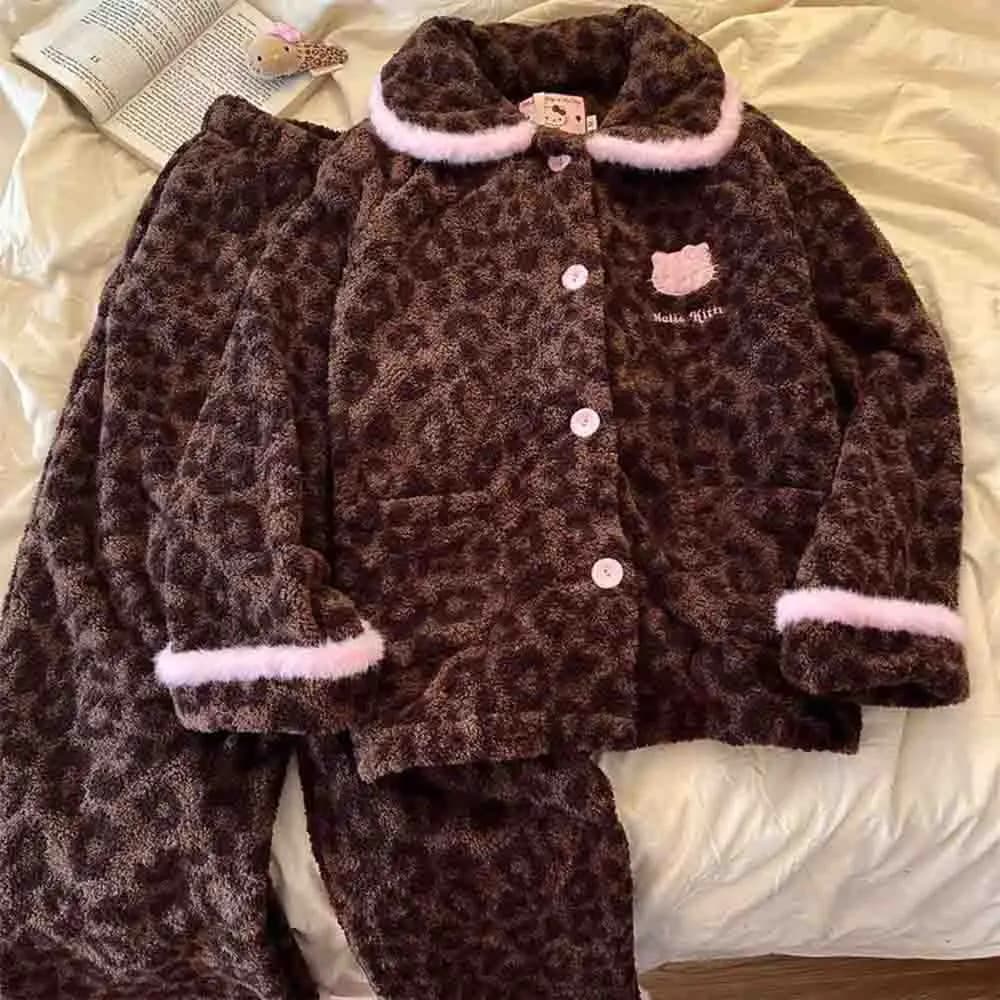 Sanrio Hello Kittys Leopard Print Coral Velvet Pajamas Korean Style Sweet Autumn and Winter Sleepwear Women's Thicken Home Wear