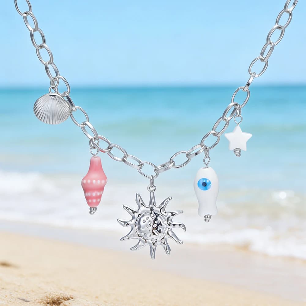 Collana con Conchiglia di Stella Marina e Perla per Donna e Ragazza, Catena in Acciaio Inossidabile, Gioielli Serie Oceano Estivo da Spiaggia, Stile Bohemien
