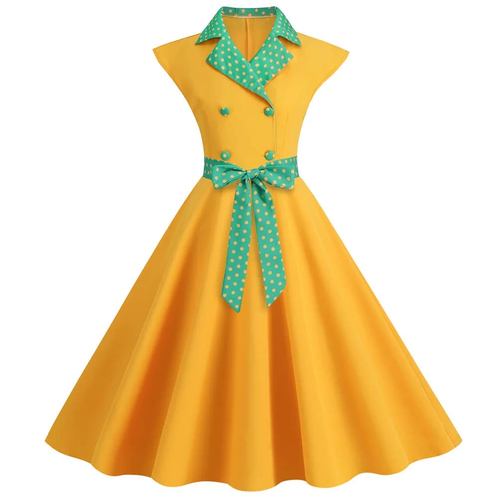 Yellow Elegant Fashion Notched Ladies Office Dress 2026 Robe Pinup Polka Dot Print Vintage Sleeveless Summer Dresses for Women