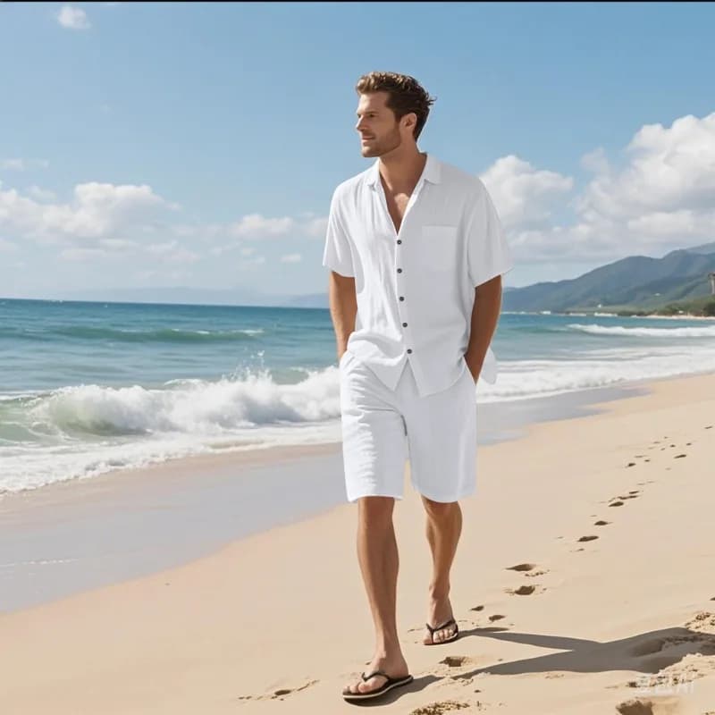 Men Linen Blend Camp Collar Shirt And Shorts Set Solid Breathable Casual Two Piece Outfit Beach Vacation Suit Summer